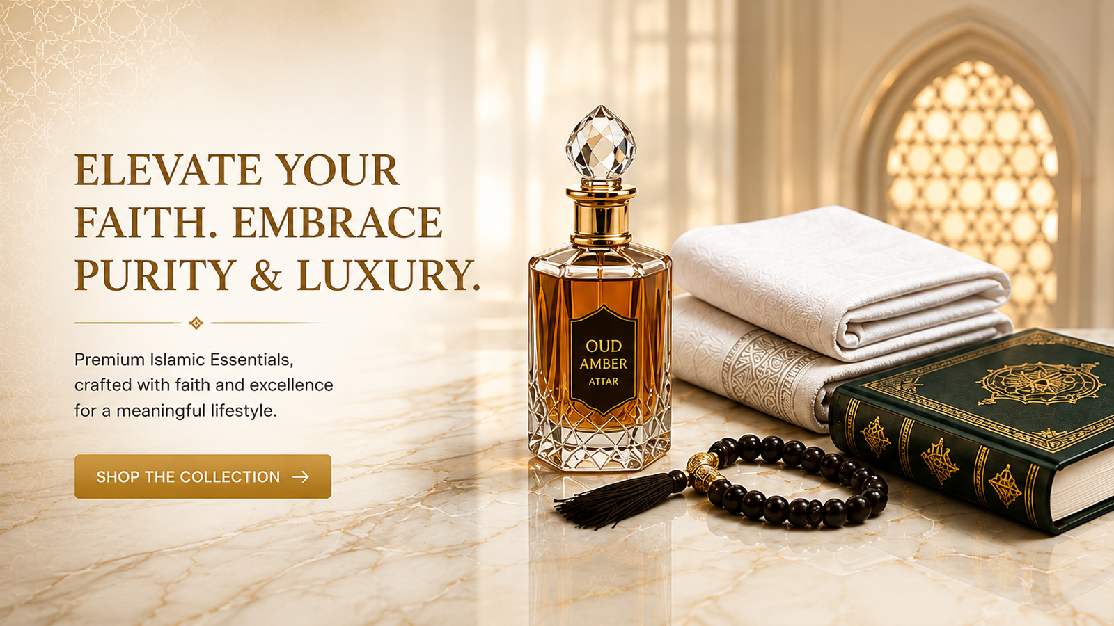 Elevate your faith. Embrace purity and luxury — Oud Amber attar, ehraam towels, Quran and prayer beads